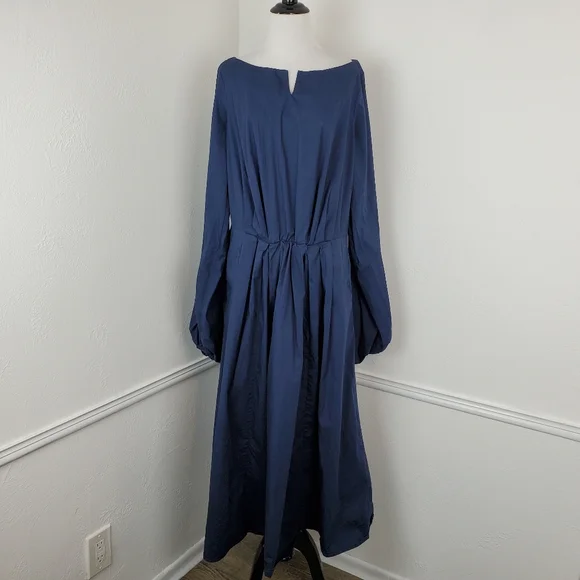Eshakti Dress Bishop Sleeve Cotton Poplin Pleated Navy Blue Modest Classic Midi - Picture 3 of 15